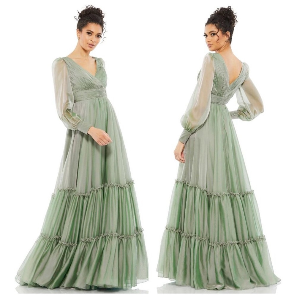 Mac Duggal Long Sleeve Tiered A-Line Gown